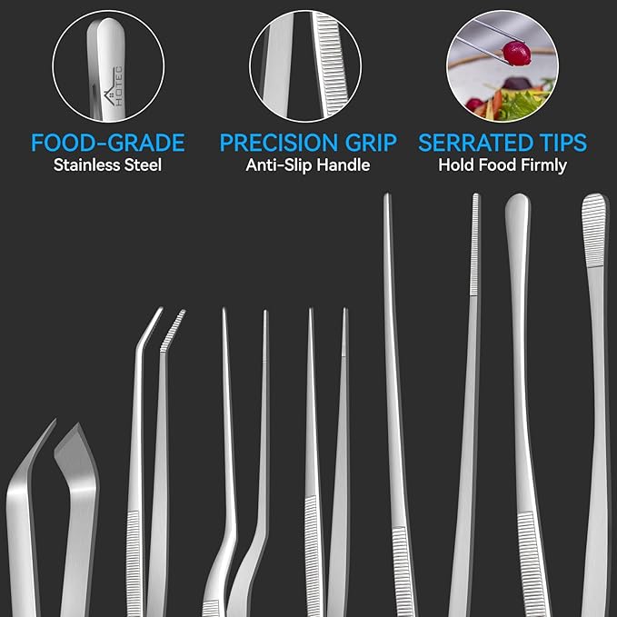 HOTEC Kitchen Tweezers Tongs Stainless Steel, Set of 6 - Professional Cooking Tweezers for Cooking, Chefs, BBQ, Seafood, Baking & Repair - Image 3