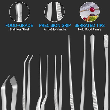 HOTEC Kitchen Tweezers Tongs Stainless Steel, Set of 6 - Professional Cooking Tweezers for Cooking, Chefs, BBQ, Seafood, Baking & Repair - Image 3