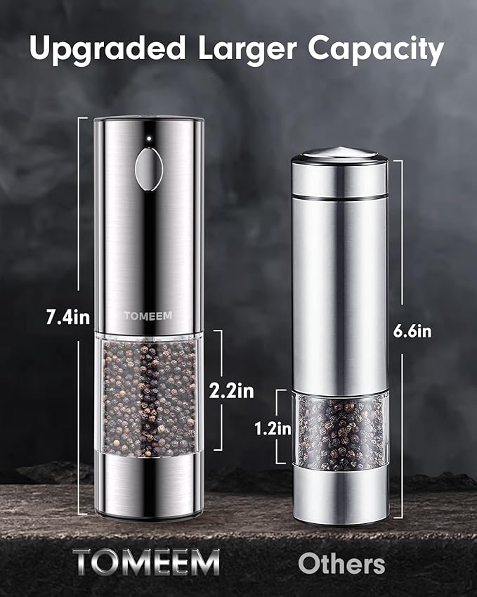TOMEEM Upgraded Larger Capacity Electric Salt and Pepper Grinder Set Rechargeable with LED lights, Stainless Steel Automatic Pepper and Salt Grinder Refillable with 5 Adjustable Coarseness - Image 6