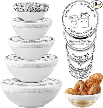 Patelai 10 Pcs Bowl Covers Reusable in 5 Size Stretch Cloth Fabric Elastic Food Storage Bowl Covers Bread Sourdough Lids for Proofing Food Fruits Leftover (Black White,Minimalist Style) by Patelai