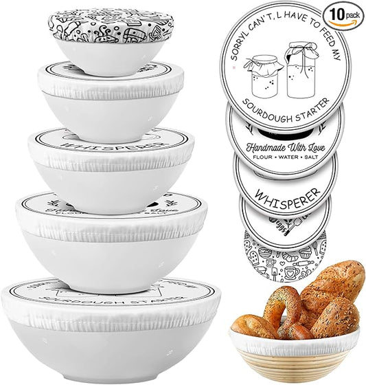 Patelai 10 Pcs Bowl Covers Reusable in 5 Size Stretch Cloth Fabric Elastic Food Storage Bowl Covers Bread Sourdough Lids for Proofing Food Fruits Leftover (Black White,Minimalist Style) by Patelai