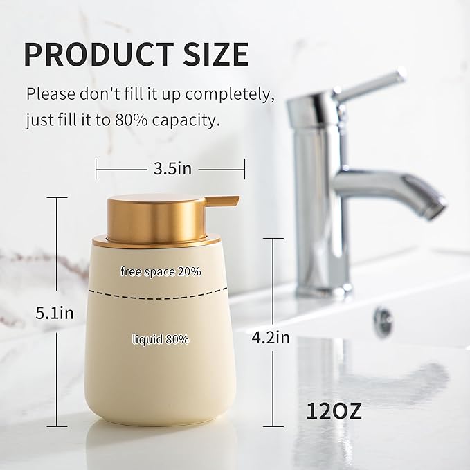 Enra Foaming Soap Dispenser,12 Oz Modern Foam Soap Dispenser with Gold Pump for Bathroom, Kitchen with Easy-to-Press Pump (Beige Foam Gold Pump)
