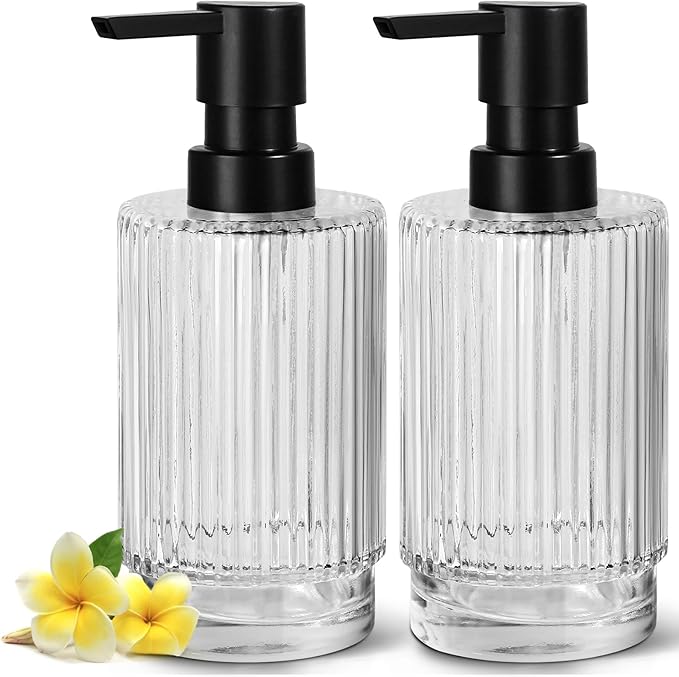 VIMERPA Glass Soap Dispenser with Pump, 2 Pack 11 fl oz Clear Hand Soap Dispensers for Bathroom, Ribbed Style Dish Soap Dispenser for Kitchen, Modern Refillable Liquid Soap Pump Bottle
