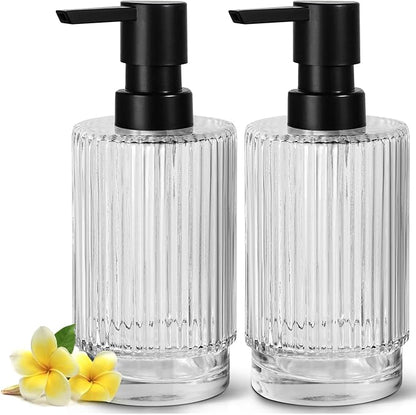 VIMERPA Glass Soap Dispenser with Pump, 2 Pack 11 fl oz Clear Hand Soap Dispensers for Bathroom, Ribbed Style Dish Soap Dispenser for Kitchen, Modern Refillable Liquid Soap Pump Bottle