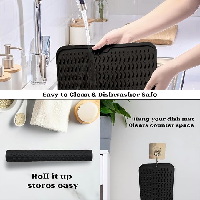 ZLR Silicone Dish Drying Mat 12" x 12" Square - Small Heat Resistant Trivet & Countertop Protector for Air Fryer, Coffee Maker - Waterproof Kitchen Drain Pad for Cups, Fruit (Black) - Image 4