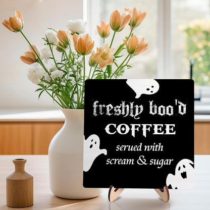 Freshly Boo'd Coffee Wood Sign, Halloween Coffee Bar Decor, Scream Sugar Spooky Season Haunted House Signs Ghosts Fall Shelf Sitter Kitchen Rustic Farmhouse Home Decor Wooden Plaque Sign - Image 6