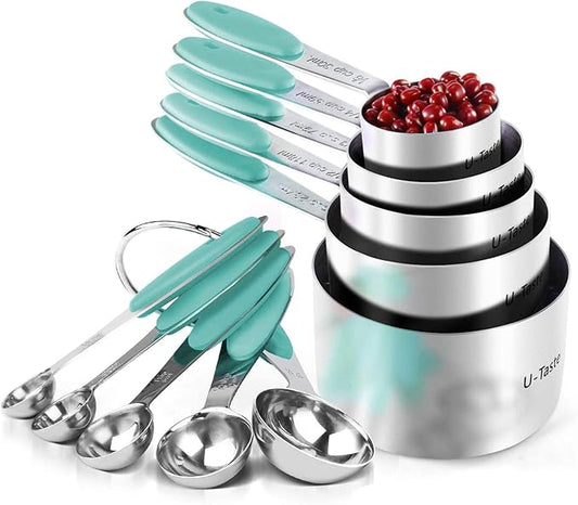 Measuring Cups : U-Taste 18/8 Stainless Steel Measuring Cups and Spoons Set of 10 Piece, Upgraded Thickness Handle(Aqua Sky) by U-Taste