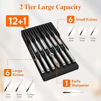 Lifewit Magnetic Drawer Knife Organizers Insert, Kitchen Plastic In Drawer Knife Block Slots, Steak Chefs Knives Holder Storage Sets for 12 Knives and 1 Sharpening Steel, Large, Black