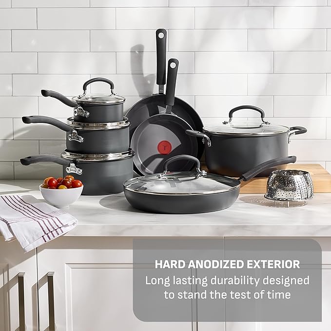 T-Fal Ultimate Hard Anodized Nonstick 13 Piece Cookware Set, Oven Safe Up to 400°F, Pots and Pans Set, Includes Frying Pans, Saucepan, Stockpot, Cooking Utensils, Stone - Image 3