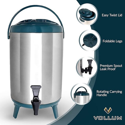 Vollum Stainless Steel Insulated Beverage Dispenser – Insulated Thermal Hot and Cold Coffee Carafe – 10 Liter Drink Dispenser with Spigot for Hot Water, Tea & Coffee, Cold Milk, Juice & More Teal