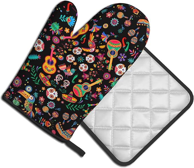Mexican Oven Mitt Potholders Sets - Mexico Kitchen Mitts and Pot Holders Set of 2 Floral Skull Oven Gloves Hot Pads for Cooking Baking Grilling - Image 2