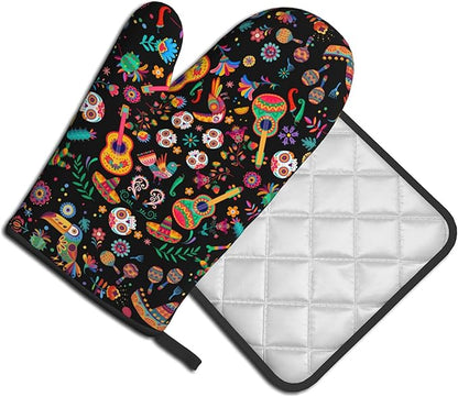 Mexican Oven Mitt Potholders Sets - Mexico Kitchen Mitts and Pot Holders Set of 2 Floral Skull Oven Gloves Hot Pads for Cooking Baking Grilling - Image 2