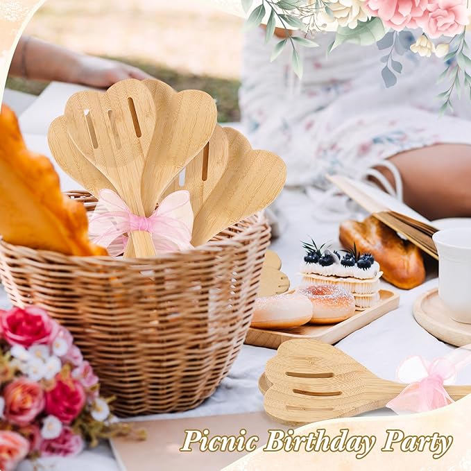 Reallnaive 24 Pcs Bamboo Spatula Wooden Kitchen Utensil Bulk 12''wood Spoon Spatula for Cooking with Ribbon Bridal Baby Shower Game Prize Wedding Party Favors Housewarming Gift (Heart Style)