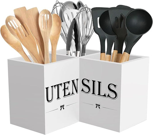 Suli Extra Large Kitchen Utensils Holder with 3 Compartments,Corner Utensil Caddy for countertop,Wooden Utensil Organizer for Kitchen Countertop, Farmhouse Decor- White by Suli