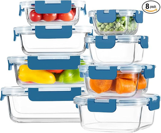 HOMBERKING 8 Pack Glass Food Storage Containers with Lids, Meal Prep Containers, Airtight Bento Boxes with Leak Proof Locking for Microwave, Oven, Freezer and Dishwasher, BPA Free, 5-35oz, Deep blue by HOMBERKING