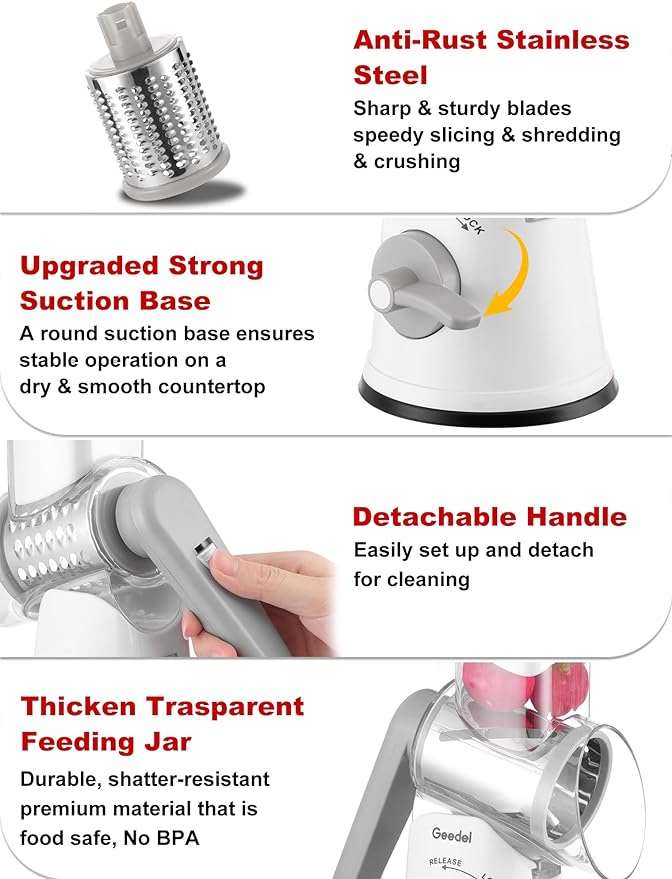 Geedel Rotary Cheese Grater Cheese Shredder - Upgraded 5-in-1 Cheese Grater with Handle and Strong Suction Base, Multi-purpose Vegetable Slicer Ice Shaver Nuts Grinder for Ice, Vegetables, Fruit, Nuts - Image 6