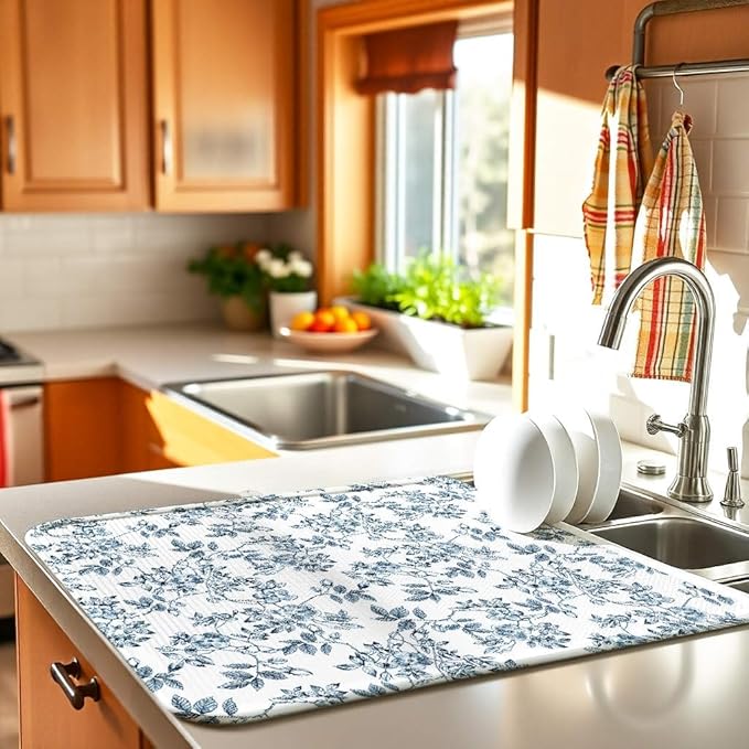 Floral Spring Large Dish Drying Mat for Kitchen Counter 18x24 Microfiber Absorbent - Foldable, Non-Slip, Compact Plant Leaves Kitchen XL Drying Mats for Dishes, Countertops, and Cookware - Image 2