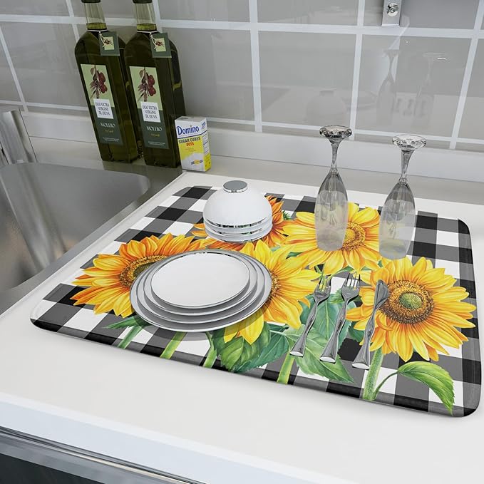 Sunflower Dish Drying Mat for Kitchen Counter Watercolor Black White Plaid Microfiber Absorbent Dish Draining Reusable Washable Foldable Extra Large 18"x24" - Image 6