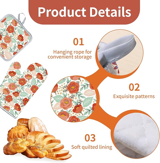 3 Pcs Kitchen Stuff, Kitchen Oven Mitts and Pot Holders Sets with Microfiber Wild Floral Kitchen Towels, Kitchen Accessories,Gifts for Women