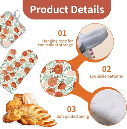 3 Pcs Kitchen Stuff, Kitchen Oven Mitts and Pot Holders Sets with Microfiber Wild Floral Kitchen Towels, Kitchen Accessories,Gifts for Women