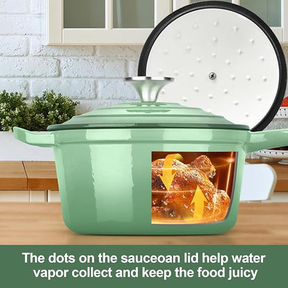 HaSteeL 1 QT Cast Iron Saucepan, Mini Enamel dutch oven with lid, Small Non Stick Pan for Milk, Pasta Tomato Sauce, Butter, Breakfast, Soup, Suitable for Boiling Stewing Frying, Easy to Clean, Green