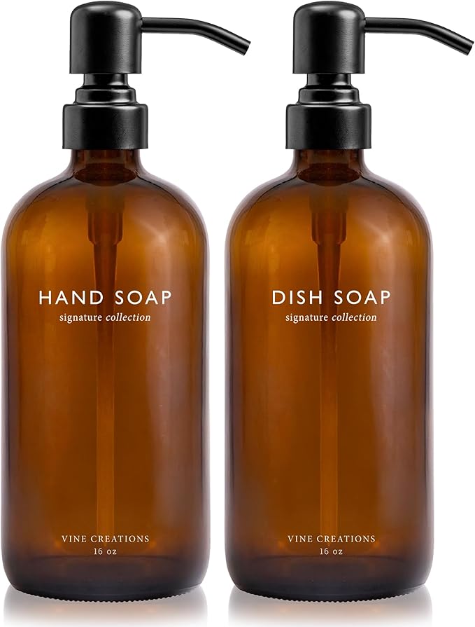 Vine Creations Amber Glass Soap Dispenser Set, Dish Soap and Hand Soap Dispenser Set with Stainless Steel Pump, 16 oz Glass Dispensers for Kitchen or Bathroom Decor (Amber Bottle/Matte Black Pump) by VineCreations