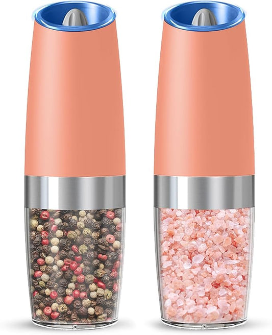 Gravity Electric Salt And Pepper Grinder Set, Automatic Salt And Pepper Grinder Set, Battery Powered (6 AAA Batteries Each), Adjustable Roughness, LED Light, 2 Pack, (Pink) by KIARYUOLL