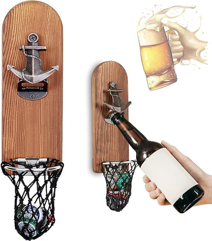 Beer Bottle Opener Wall Mounted with Magnetic Cap Catcher,Wooden Magnetic Bottle Opener for Fridge,Vintage Beer Gifts for Men, Man Cave Decor,Gifts for Men and Beer Lovers(Style 4)