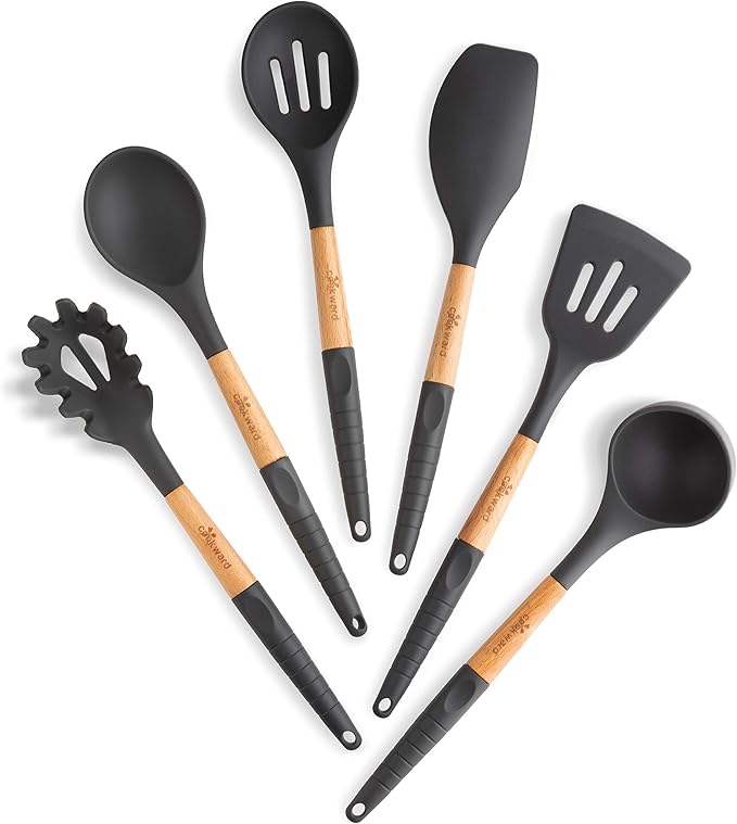 Silicone Cooking Utensils Set 6 Piece – Heat Resistant up to 480°F, BPA Free & Non-Scratch Kitchen Tools with Natural Wood Handles, Dark Gray - Image 8