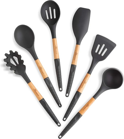 Silicone Cooking Utensils Set 6 Piece – Heat Resistant up to 480°F, BPA Free & Non-Scratch Kitchen Tools with Natural Wood Handles, Dark Gray - Image 8