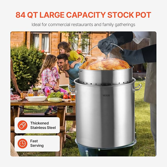 VEVOR Stainless Steel Stockpot, 84 Quart Large Cooking Pots, Cookware Sauce Pot with Basket, Lid, and Handle, Heavy Duty Commercial Grade Stock Pot, Sanding Treatment, for Large Groups Events Silver - Image 2