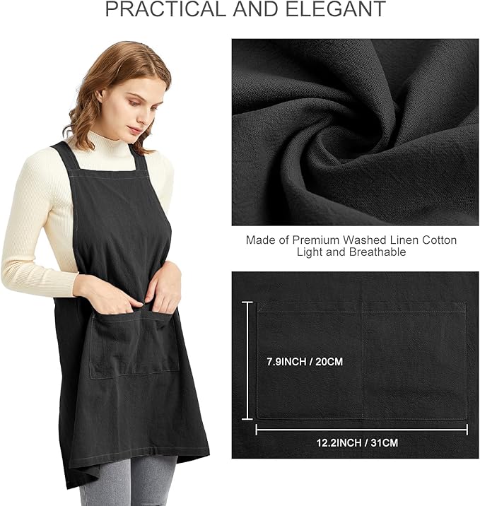 ELEZAY Aprons for Women with Pockets Plus Size Comfort Cross Back No Tie Cotton Linen Apron Pinafore