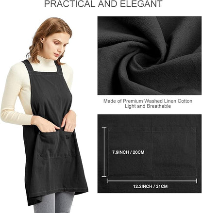 ELEZAY Aprons for Women with Pockets Plus Size Comfort Cross Back No Tie Cotton Linen Apron Pinafore