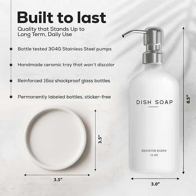 White Glass Dish Soap Dispenser for Kitchen Sink by Brighter Barns - Modern Kitchen Soap Dispenser Set - Refillable Glass Bottle with Pump - Neutral Minimalist Home Decor in Airbnb, Restaurant (White) - Image 3