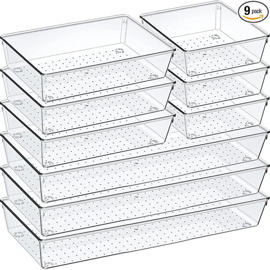 9 Pack Clear Plastic Drawer Organizer Set, Acrylic Non Slip Non Cracking Kitchen Drawer Storage Tray Large Size Divider, Multifunctional Storage for Cosmetics, Bathroom, Tools, Kitchen and Office by Criusia