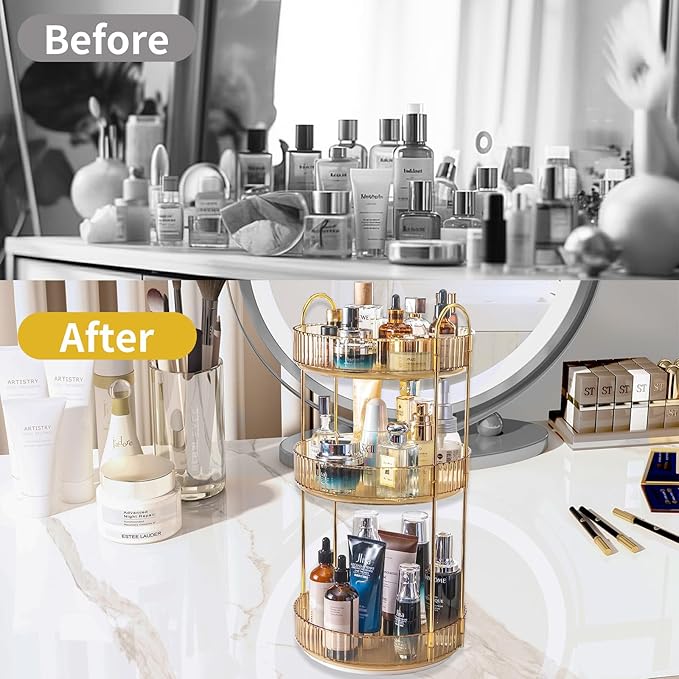 Asayuee 360 Rotating Makeup Organizer for Vanity,3 Tier Large Capacity Vanity Storage,Skincare Perfume Spinning Organizer,Bathroom Cosmetics Storage Makeup Stand Organizer (Gold-3 Tier) - Image 5
