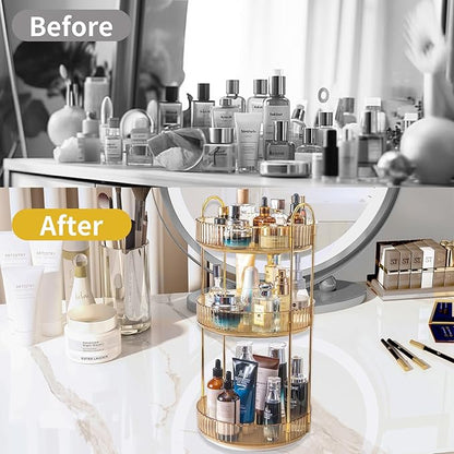 Asayuee 360 Rotating Makeup Organizer for Vanity,3 Tier Large Capacity Vanity Storage,Skincare Perfume Spinning Organizer,Bathroom Cosmetics Storage Makeup Stand Organizer (Gold-3 Tier) - Image 5