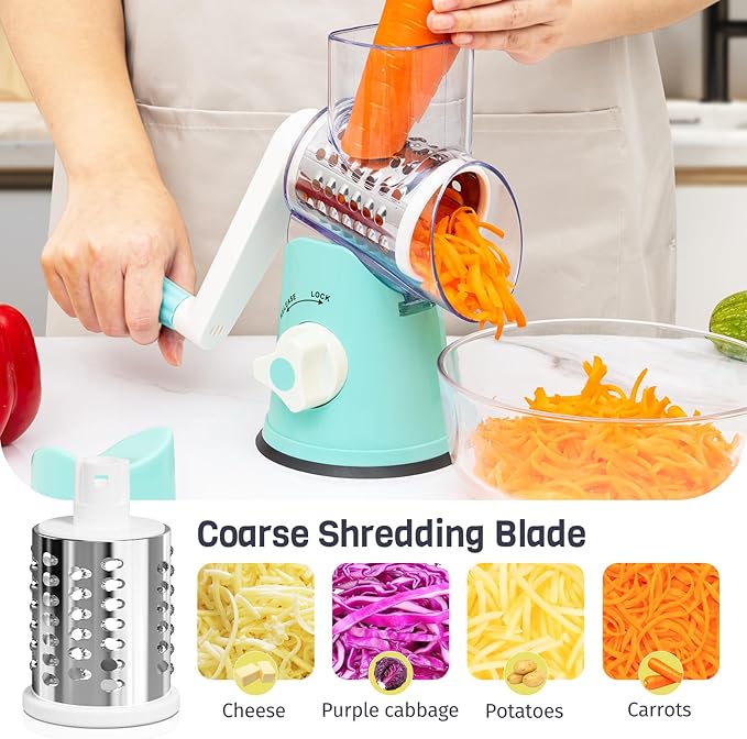 Cheese Grater Hand Crank, Rotary Cheese Shredder with 3 Interchangeable Blades for Coarse, Fine Shredding and Slicing, Strong Suction Base for Pizza, Pasta, Salad, Vegetables, Nuts, Chocolate - Image 4