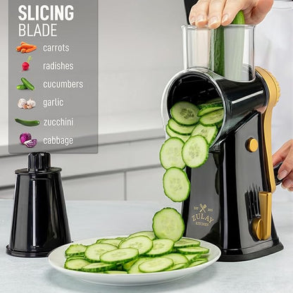Zulay Kitchen Rotary Cheese Grater 5 Blade Cheese Shredder - Manual Hand Crank Cheese Grater With Reinforced Suction & 5 Interchangeable Drums - Easy to Use, Vegetable Chopper Round Mandoline Slicer - Image 5