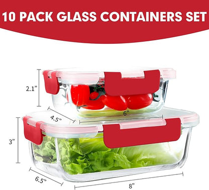 VERONES 10Pack Glass Meal Prep Containers, Airtight Glass Lunch Containers,Stackable Glass Food Storage Containers Set with Lids,Exclusive of BPA, for Microwave,Oven, Freezer&Dishwasher Friendly,Red - Image 2