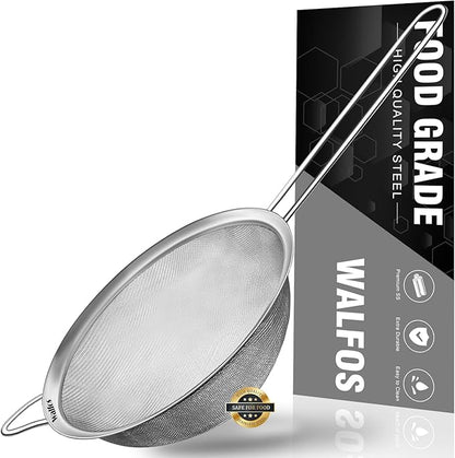Walfos 6.3 Inch Fine Mesh Strainer, Premium Stainless Steel Sieve and Sifter with Handle, Kitchen Metal Strainers for Rice, Quinoa, Fruits, Noodles, Flour by Walfos