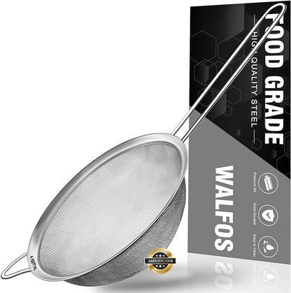 Walfos 6.95 Inch Fine Mesh Strainers, Premium Stainless Steel Colanders and Sifters, with Reinforced Frame and Sturdy Handle, Perfect for Sift, Strain, Drain and Rinse Vegetables, Pastas and Tea by Walfos