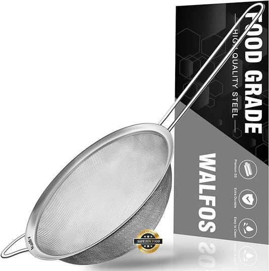 Walfos 6.95 Inch Fine Mesh Strainers, Premium Stainless Steel Colanders and Sifters, with Reinforced Frame and Sturdy Handle, Perfect for Sift, Strain, Drain and Rinse Vegetables, Pastas and Tea by Walfos