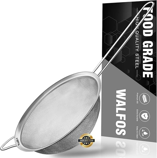 Walfos 7.8 Inch Fine Mesh Strainer, Premium Stainless Steel Colanders and Sifters, with Reinforced Frame and Sturdy Handle, Perfect for Sift, Strain, Drain and Rinse Vegetables, Pastas and Tea by Walfos