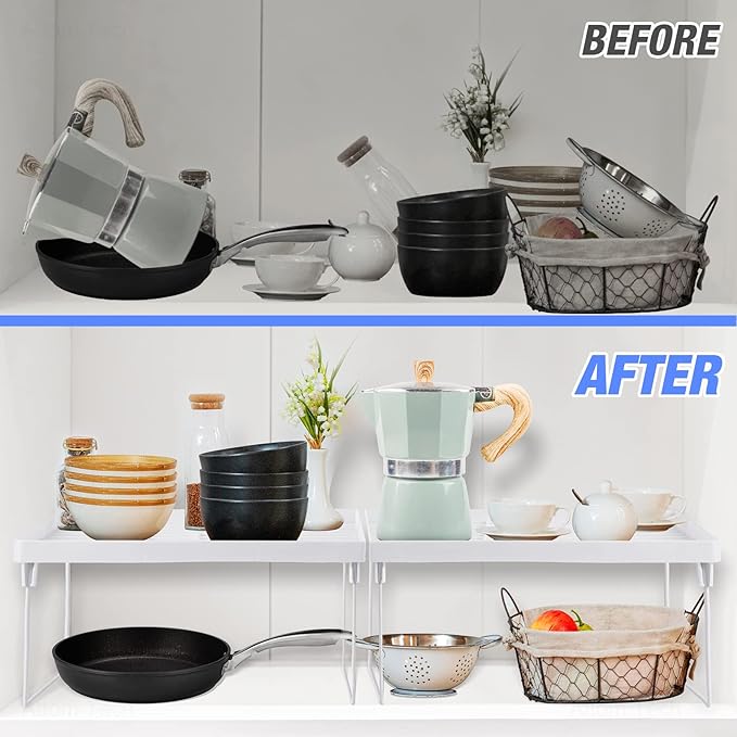 NiHome 4-Pack Stackable Plastic Kitchen Storage Shelf Foldable Rack - White Kitchen Cabinet Organizer and Storage Shelves Stackable Expandable Storage Racks for Counter Cabinet Pantry - Image 3