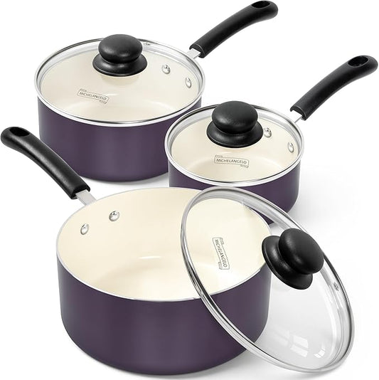 MICHELANGELO Nonstick Sauce Pan with Lid, Ceramic Saucepan Set, Non Toxic Small Saucepans Sets with Stay-Cool Handle, Induction Pots For Cooking, PTFE & PFOA Free - 1Qt & 2Qt & 3Qt, Purple by Michelangelo