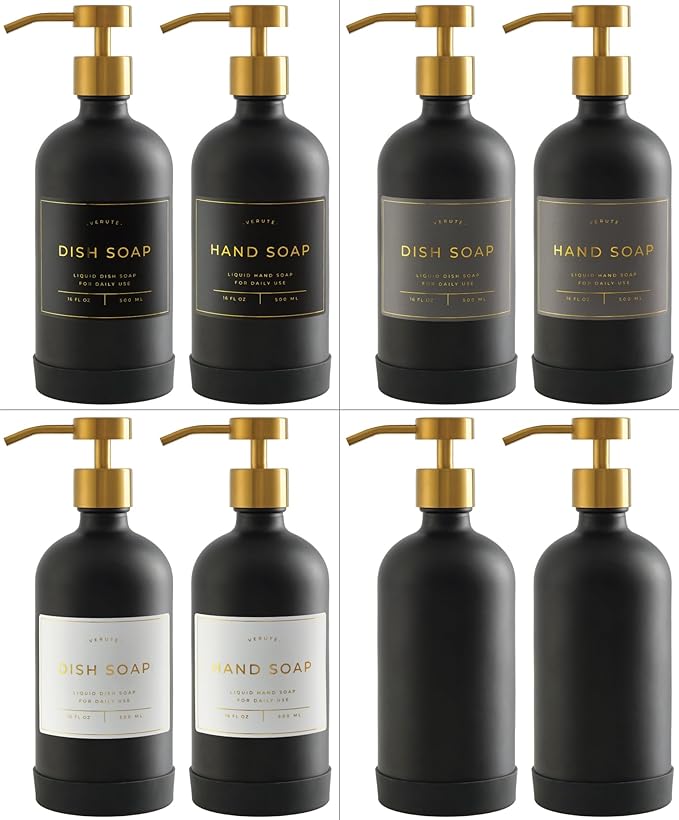 Hand and Dish Soap Dispenser for Kitchen and Bathroom, Set of 2 16 Oz Glass Bottles, Stainless Steel Pumps, Non-Slip Silicone Base, 27 Waterproof Labels (Matte Black Bottle/Brushed Gold Pump) - Image 5
