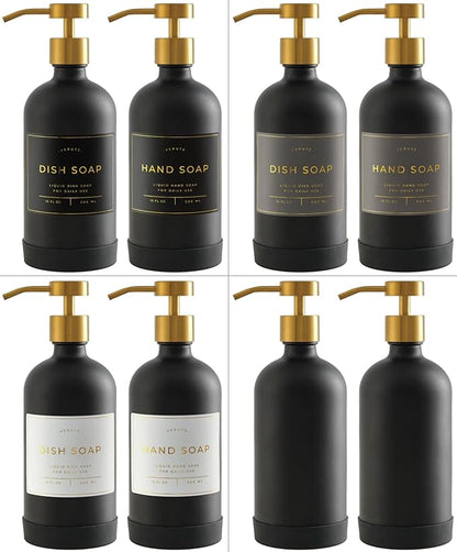 Hand and Dish Soap Dispenser for Kitchen and Bathroom, Set of 2 16 Oz Glass Bottles, Stainless Steel Pumps, Non-Slip Silicone Base, 27 Waterproof Labels (Matte Black Bottle/Brushed Gold Pump) - Image 5