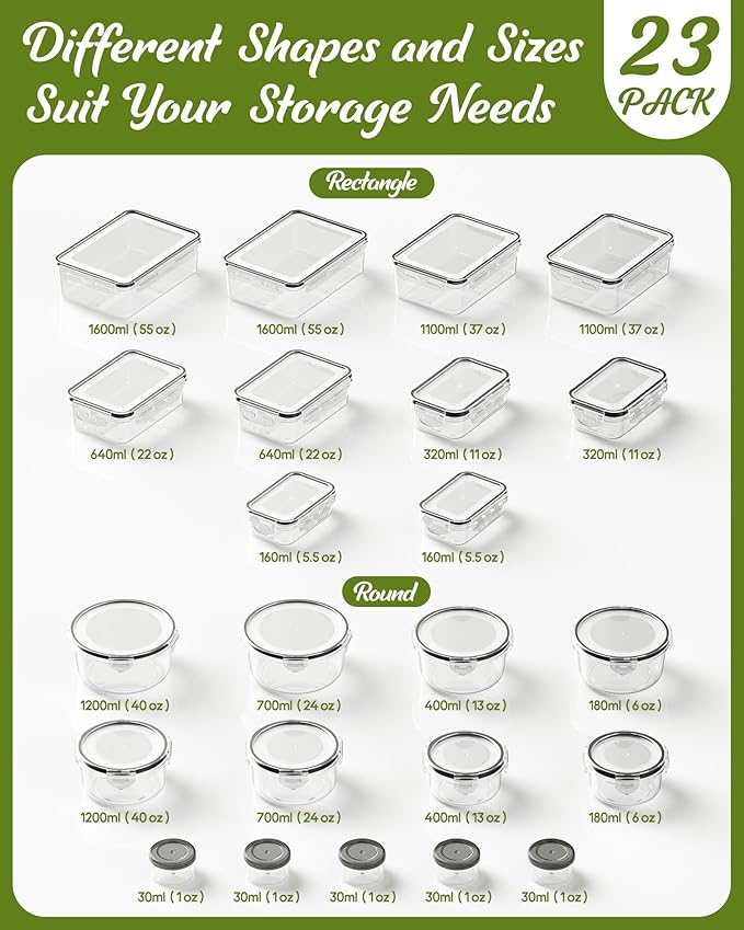 46 Piece Food Storage Containers with Lids(23 Containers & 23 Lids), BPA-Free Plastic Food Containers for Kitchen Storage and Organization, Leak Proof Meal Prep Container, Includes Labels & Pen - Image 2