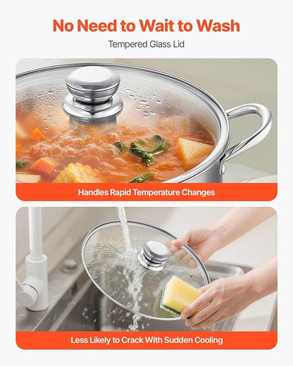 VEVOR Stainless Steel Stock Pot, 12QT Stainless Steel Stockpot with Glass Lid, PFOA-Free, PFAS-Free, Compatible with Gas Stoves, Induction Cooktops, Electric Stoves, for Soups, Stews, and Pasta - Image 6